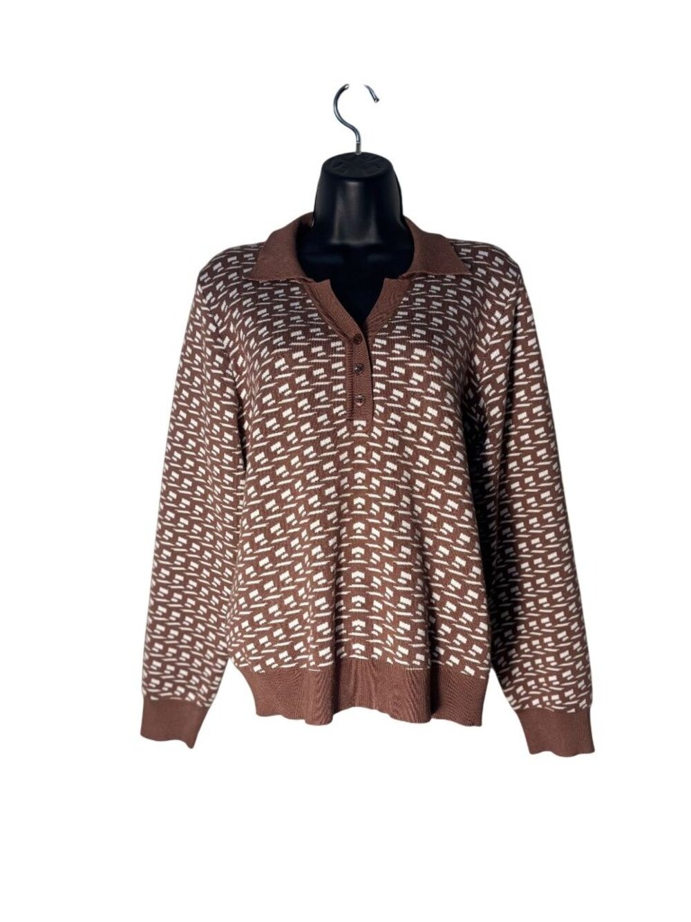 Adrianna Papell Womens Brown & Ivory Knit Polo Sweater Size Large